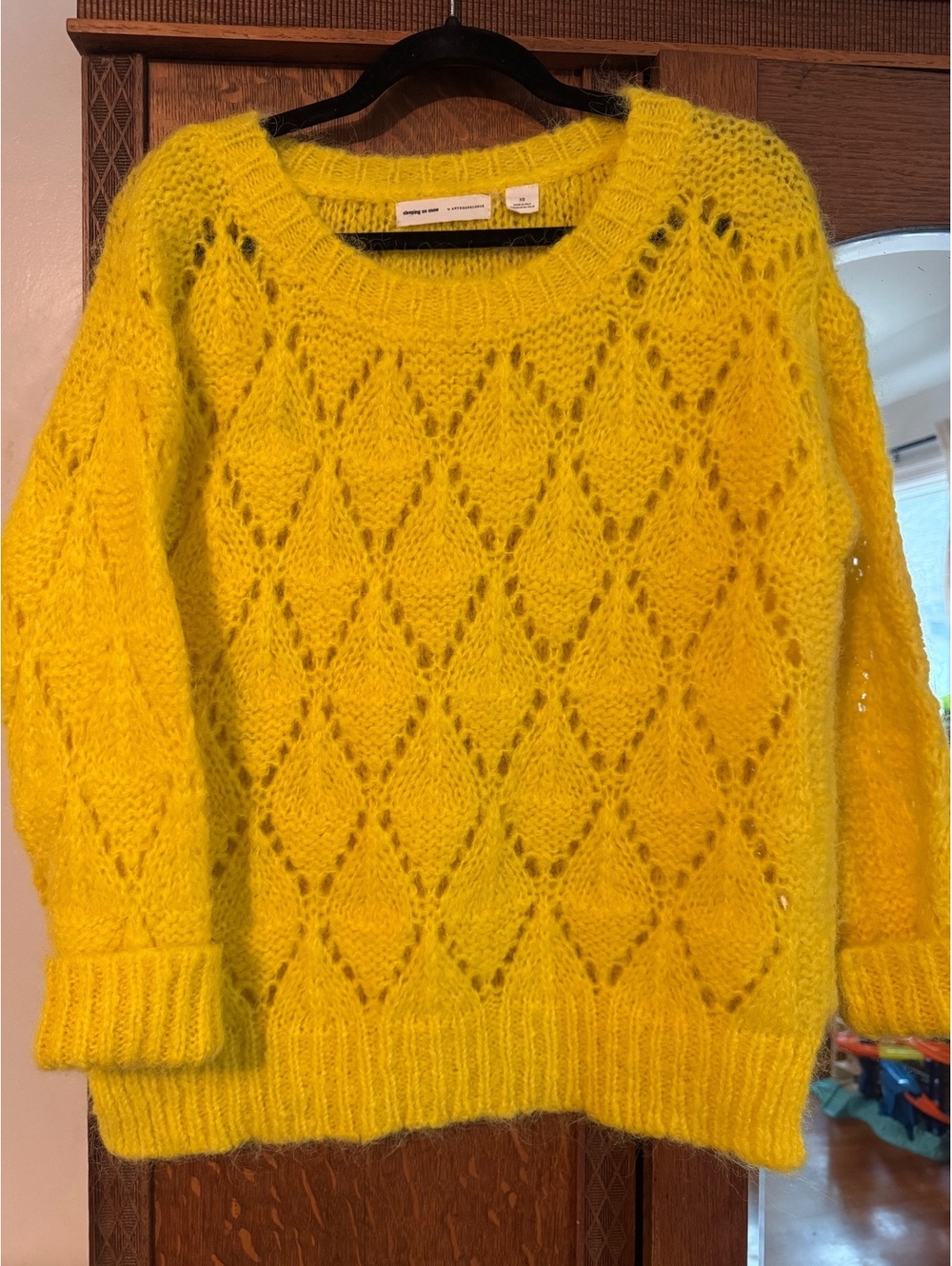 Anthropologie Oversized Bright Yellow Alpaca Blend Pointelle Sweater / Size XS - Picture 7 of 7